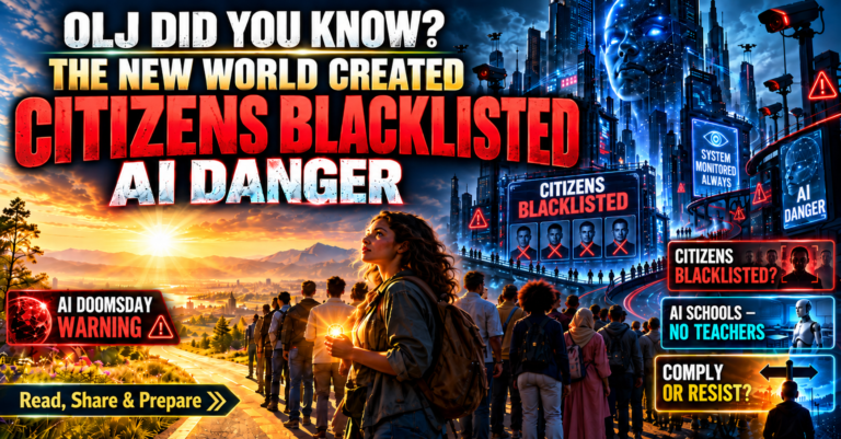 OLJ DID YOU KNOW? THE NEW WORLD CREATED — CITIZENS BLACKLISTED — AI DANGER Conceptual illustration showing a traveler denied an airport ticket and a banking customer denied an account after being flagged by a hypothetical AI blacklisting system, representing concerns about artificial intelligence, surveillance, digital exclusion and human freedom.
