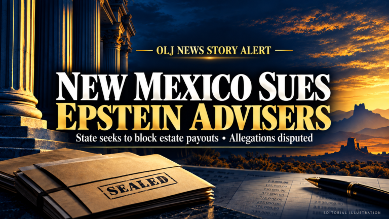Editorial illustration of courthouse columns, legal documents and a financial ledger accompanying New Mexico’s lawsuit against Epstein advisers.