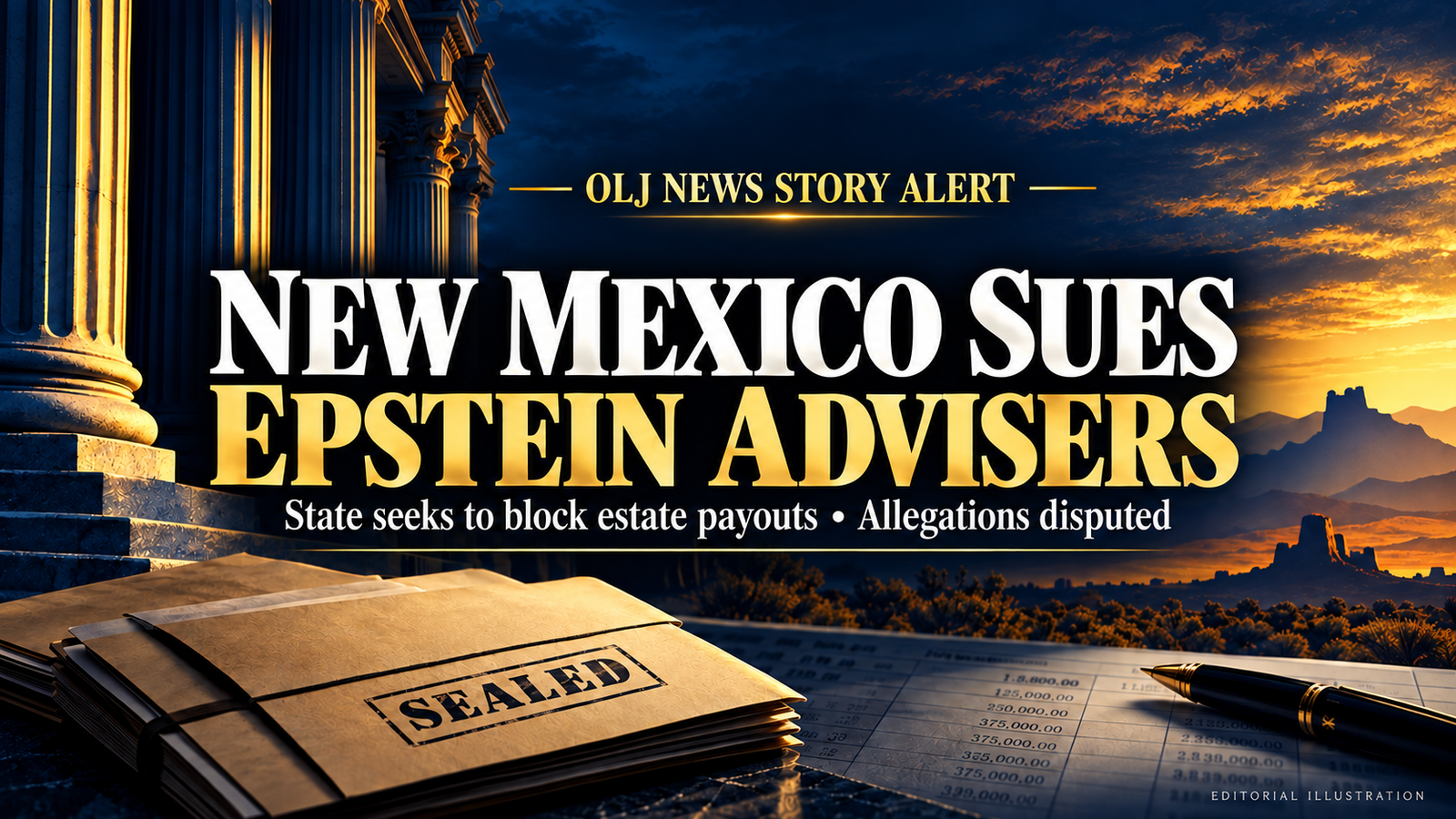 Editorial illustration of courthouse columns, legal documents and a financial ledger accompanying New Mexico’s lawsuit against Epstein advisers.